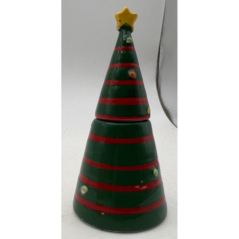 Ceramic Christmas Tree Trinket Box 4” Green Red Striped